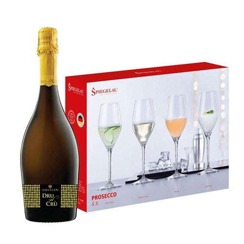 Drusian Spumante Dru el Cru Prosecco With A Set Of 4 Spiegelau Prosecco Glasses